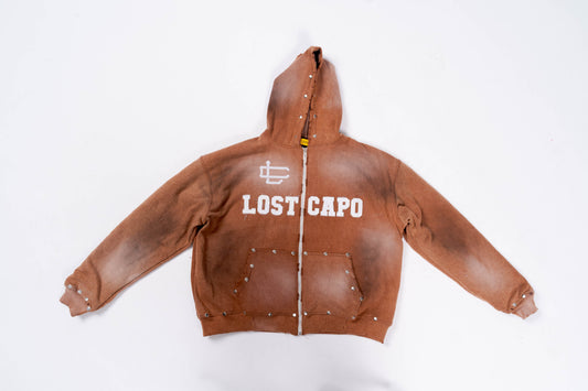 Distressed Mocha Brown Zip-Up Hoodie – “Silent Don”
